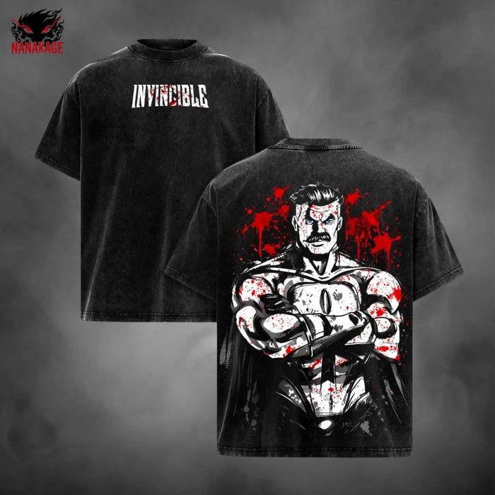 Black acid-wash oversized t-shirt with Omni Man comic graphic print.
