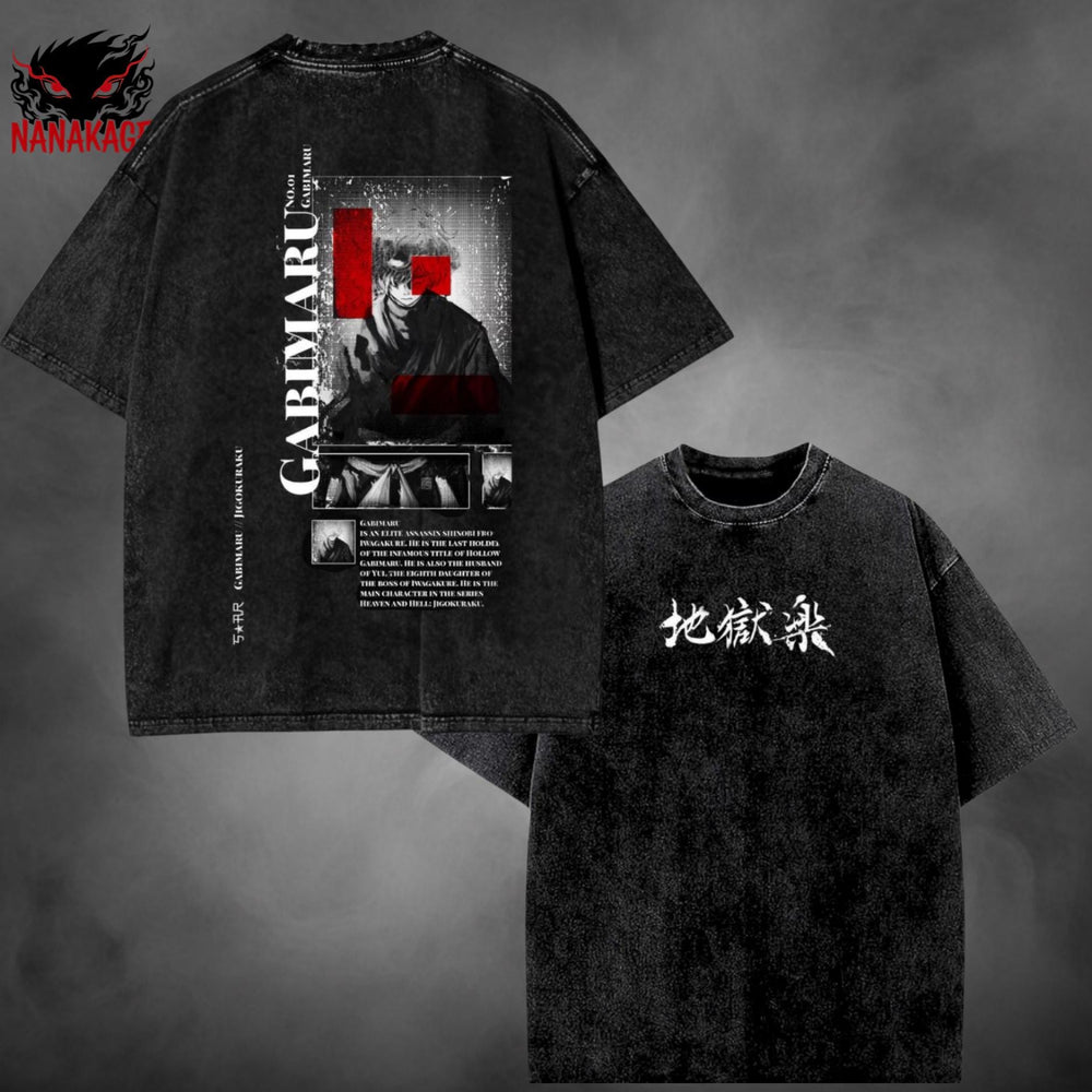 Black acid-wash oversized t-shirt with Hell's Paradise anime graphic print.