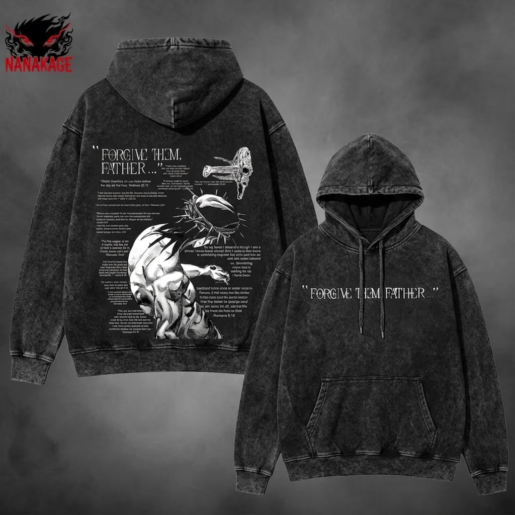 Black acid-wash oversized t-shirt with Steel Ball Run anime graphic print.