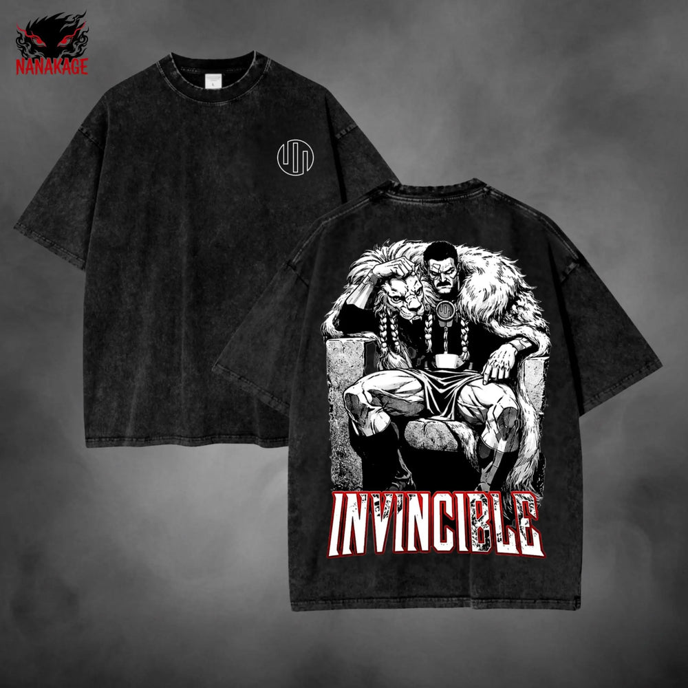 Black acid-wash oversized t-shirt with Grand Regent comic graphic print.