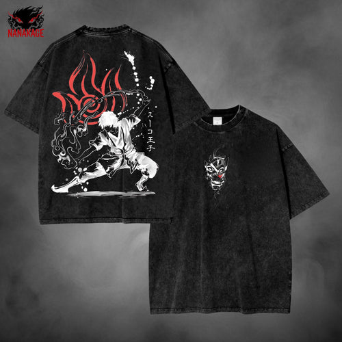 Black acid-wash oversized t-shirt with Zuko animated series graphic print.