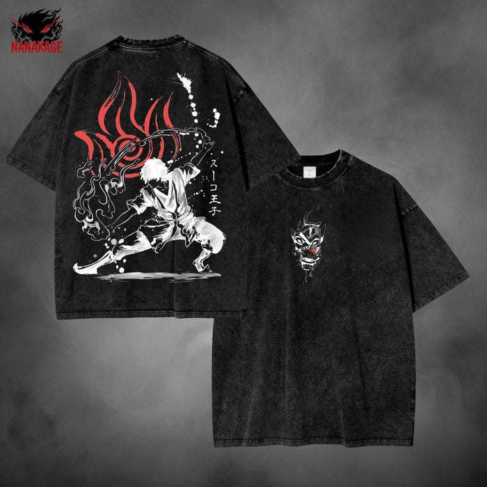 Black acid-wash oversized t-shirt with Zuko animated series graphic print.