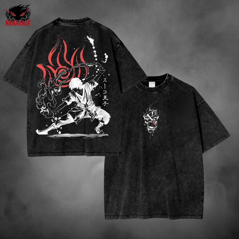 Black acid-wash oversized t-shirt with Zuko animated series graphic print.