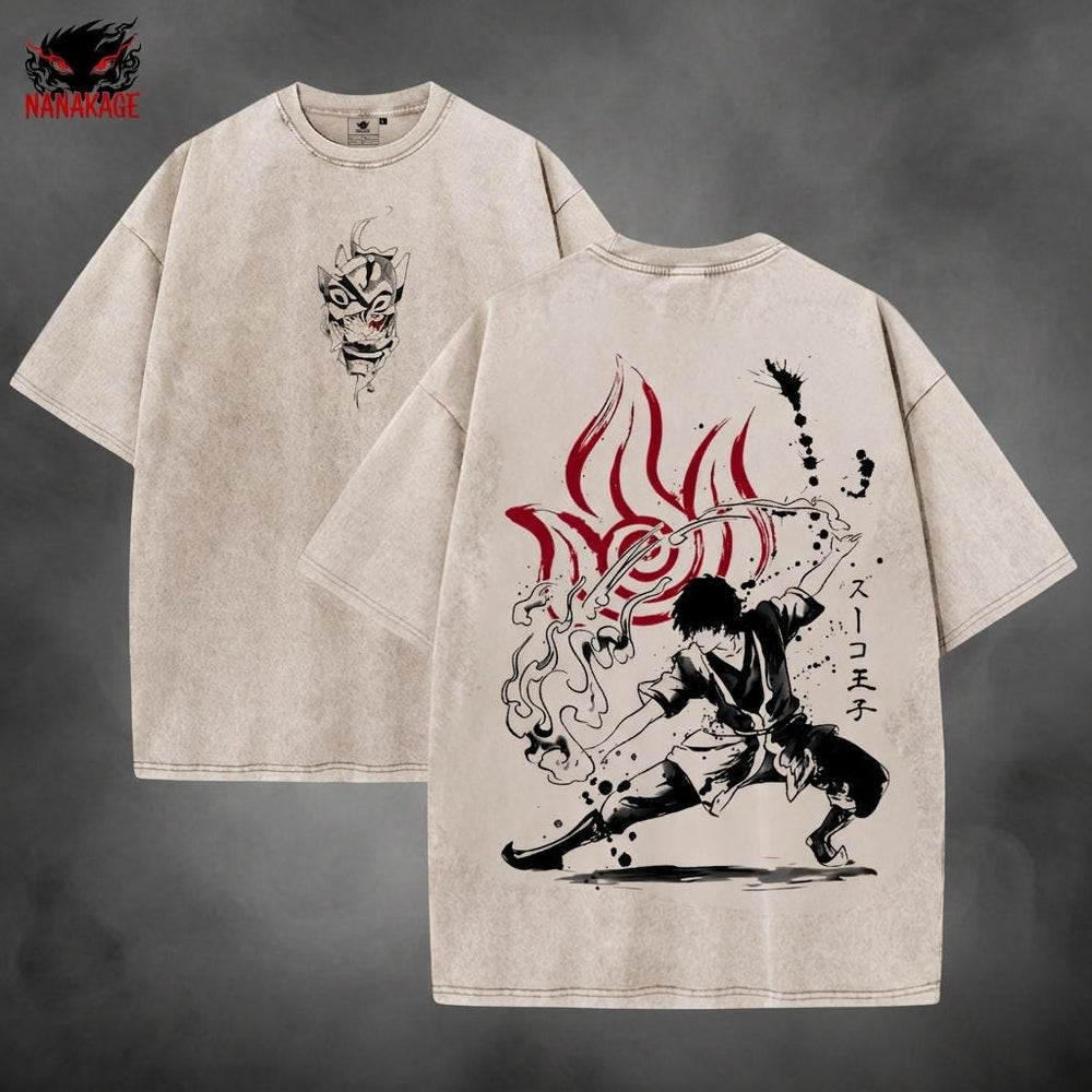 Apricot acid-wash oversized t-shirt with Zuko animated series graphic print.