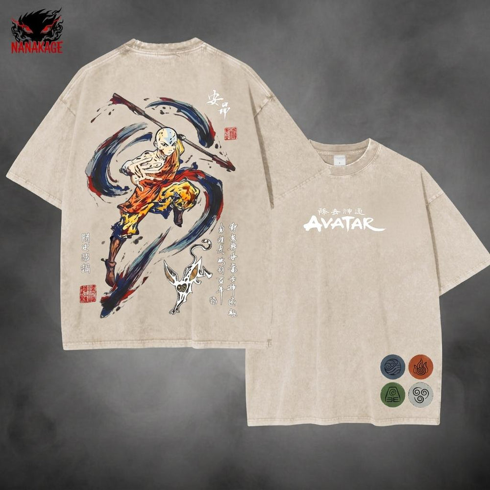 Apricot acid-wash oversized pullover hoodie with Avatar Bender animated series graphic print.