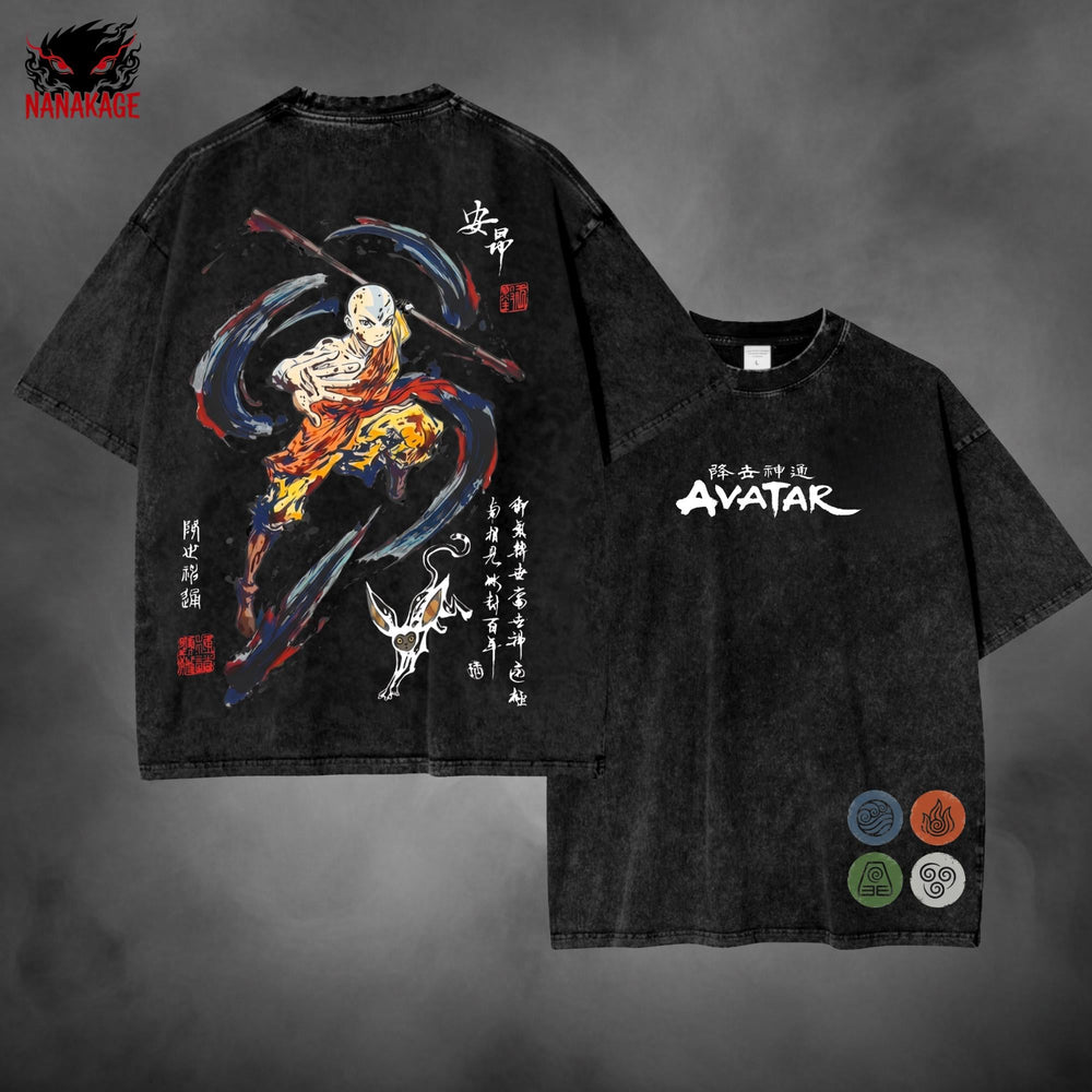 Acid-wash oversized t-shirt with Aang anime graphic print.
