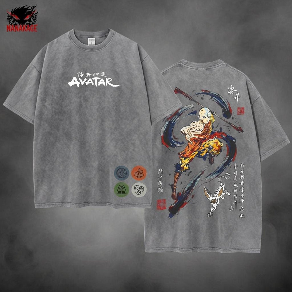 Acid-wash oversized t-shirt with Aang anime graphic print.