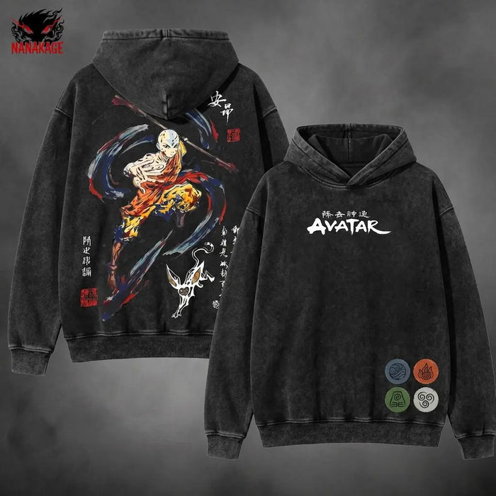 Acid-wash oversized pullover hoodie with Aang anime graphic print.