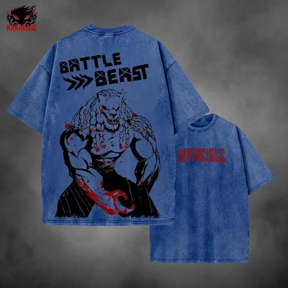 Blue acid-wash oversized t-shirt with Battle Beast comic graphic print.