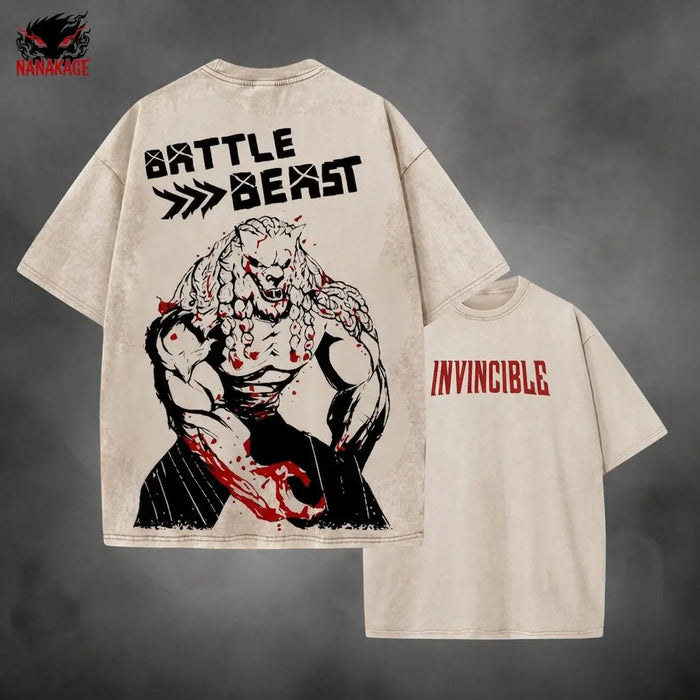 Apricot acid-wash oversized t-shirt with Battle Beast comic graphic print.