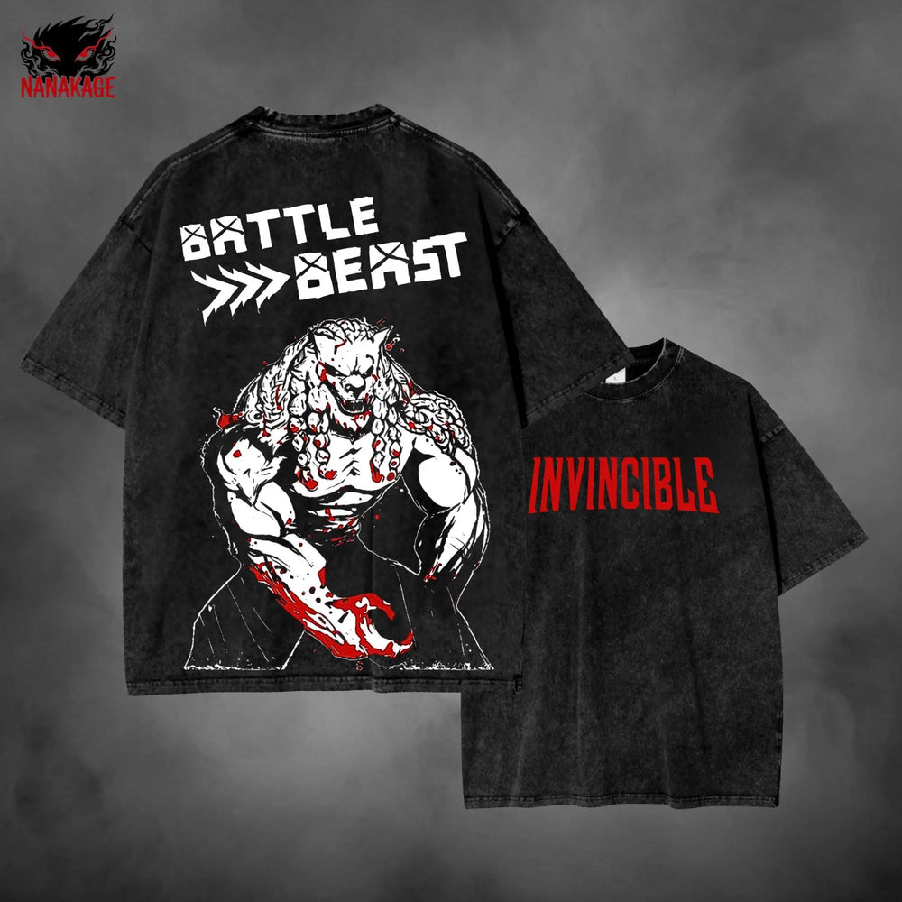 Black acid-wash oversized t-shirt with Battle Beast comic graphic print.