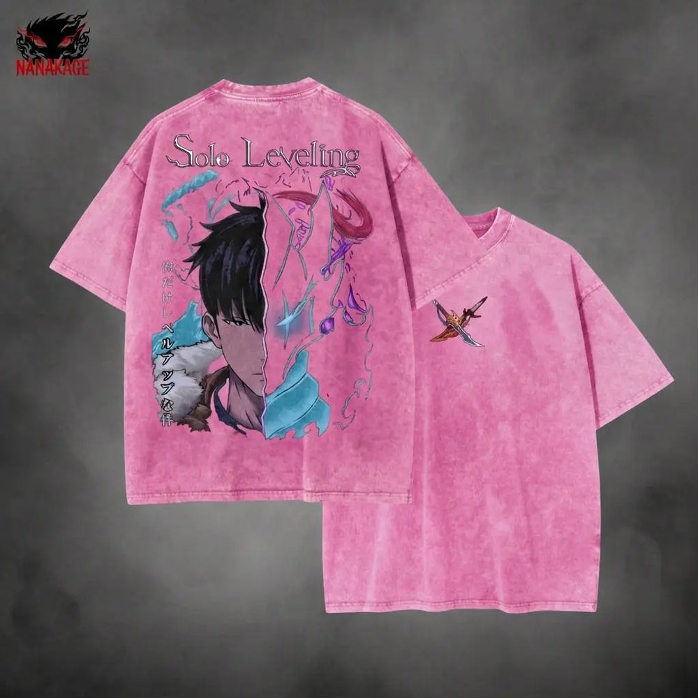 Blue acid-wash oversized t-shirt with Sung Jin Woo manhwa anime graphic print.