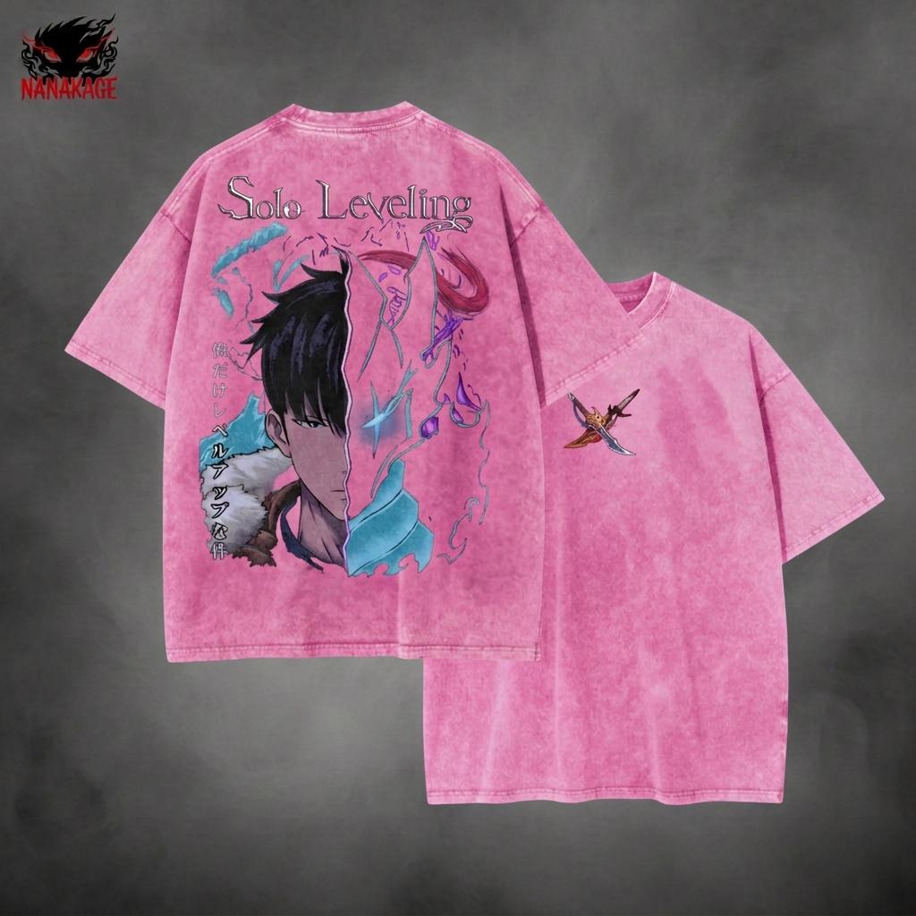 Blue acid-wash oversized t-shirt with Sung Jin Woo manhwa anime graphic print.