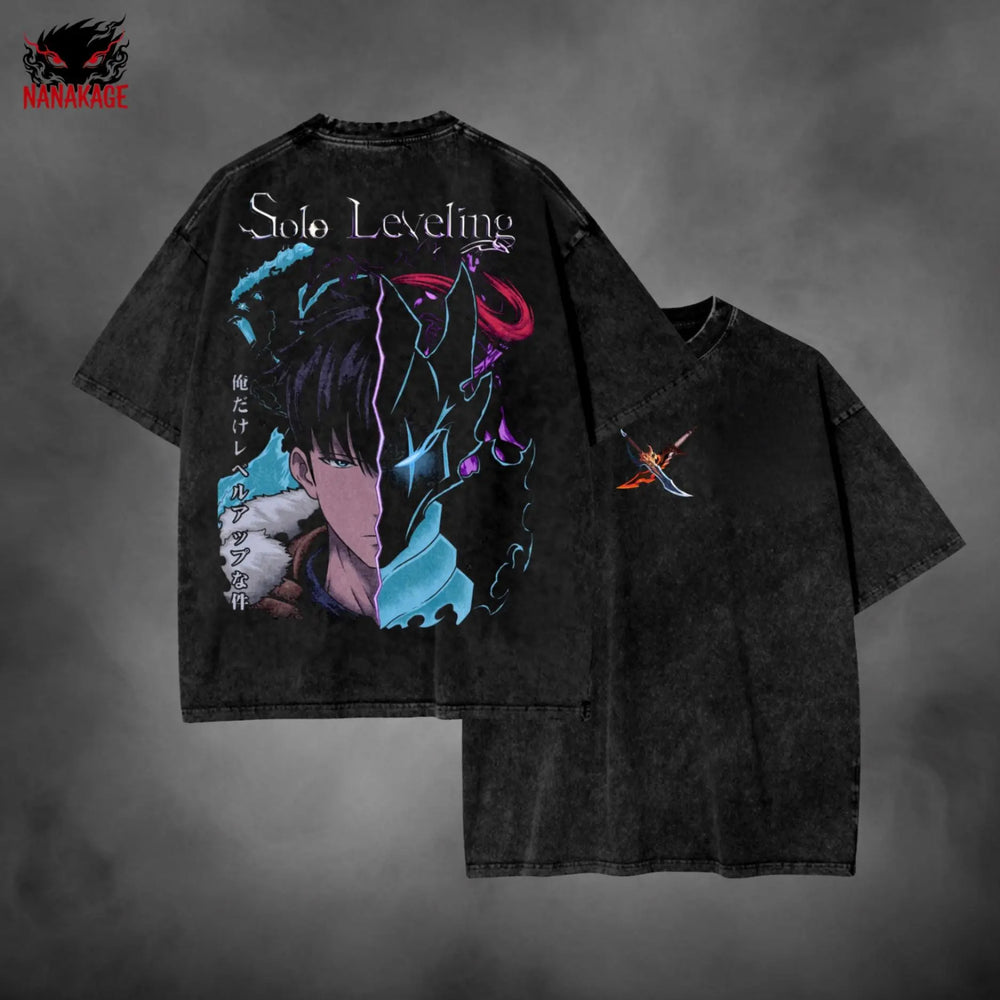 Purple acid-wash oversized t-shirt with Sung Jin Woo manhwa anime graphic print.