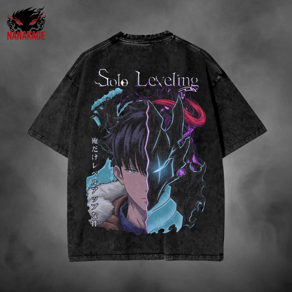 Black acid-wash oversized t-shirt with Sung Jin Woo manhwa anime graphic print.