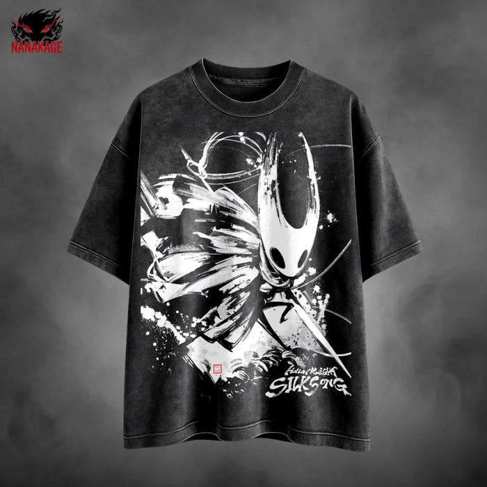 Black acid-wash oversized t-shirt with Hornet indie game graphic print.