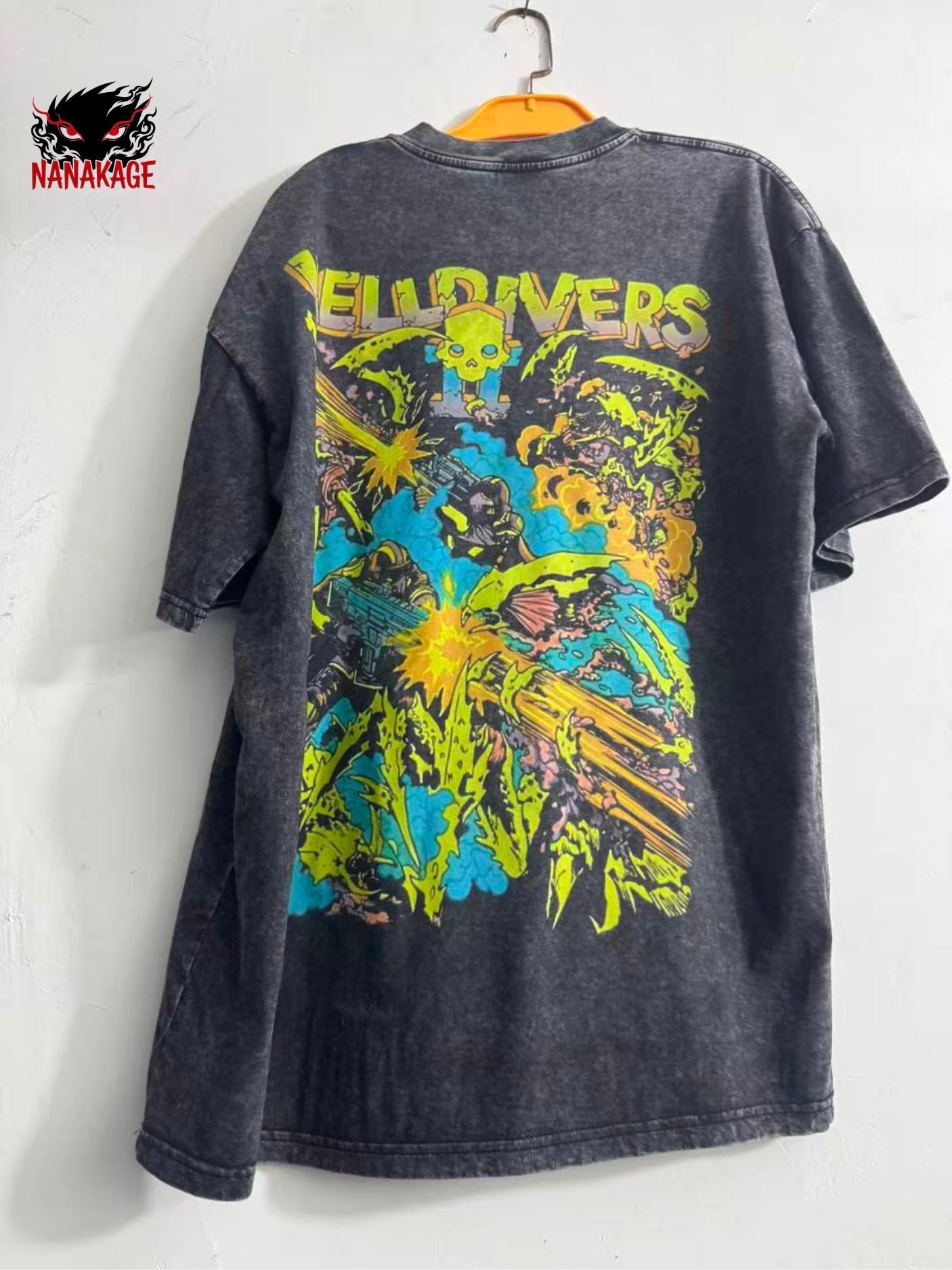 Black acid-wash oversized t-shirt with Helldivers streetwear graphic print.
