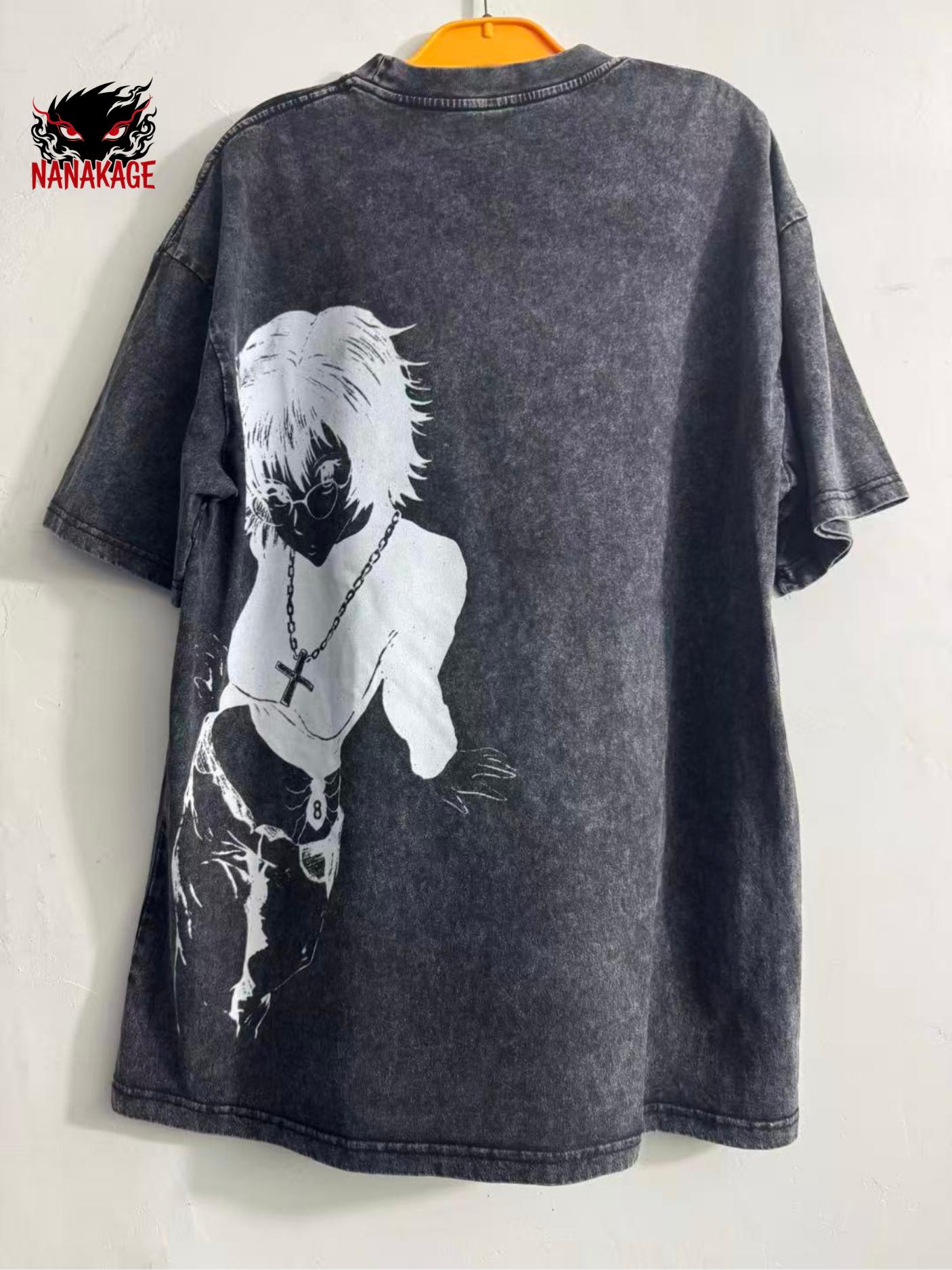 Black acid-wash oversized t-shirt with Hunter X Hunter anime graphic print.