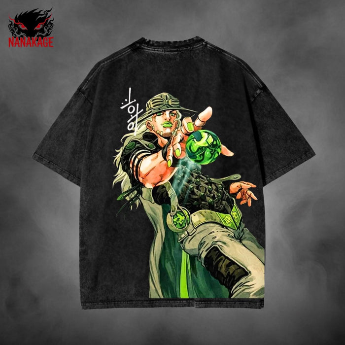 Black acid-wash oversized t-shirt with Gyro Zeppeli anime graphic print.