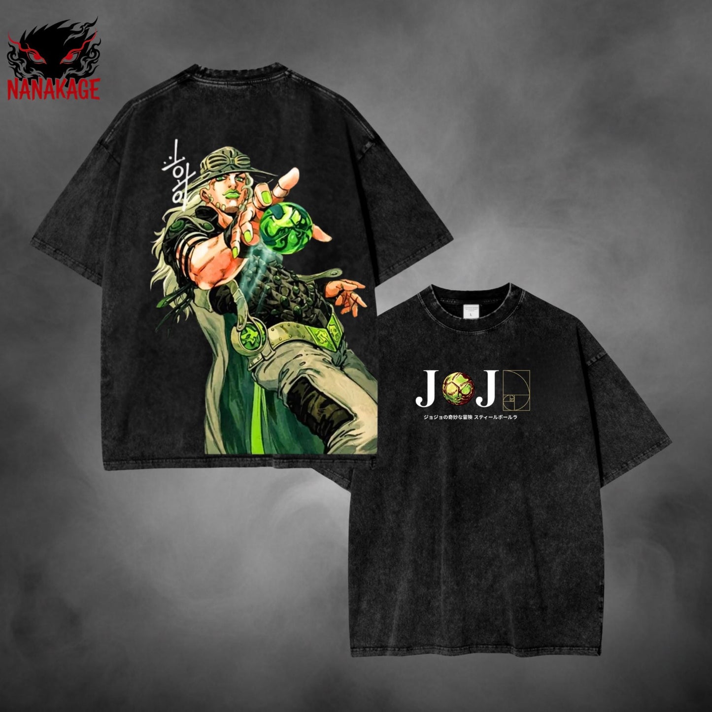 Gray acid-wash oversized t-shirt with Gyro Zeppeli anime graphic print.