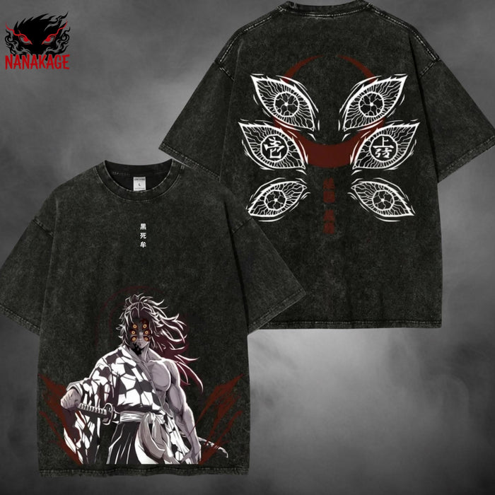 Black acid-wash oversized t-shirt with Kokushibo anime graphic print.