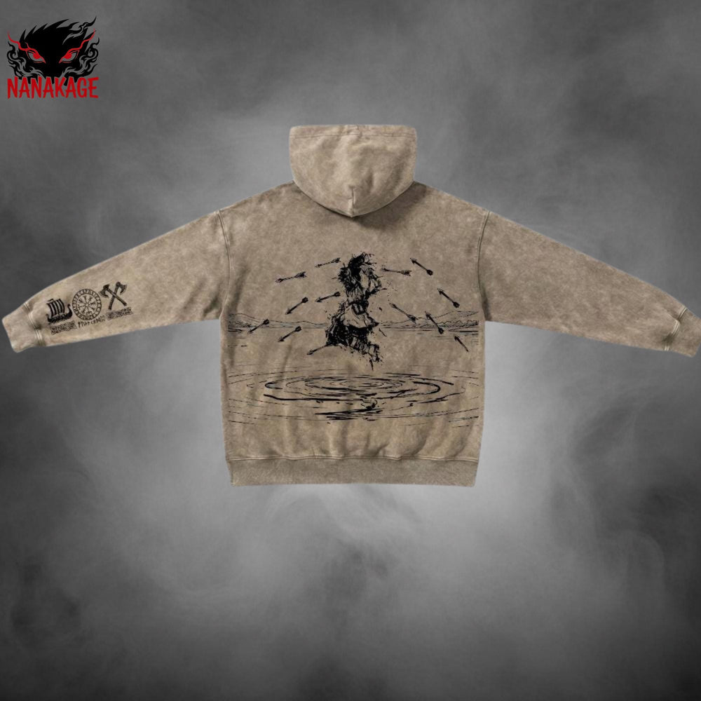 Brown acid-wash oversized pullover hoodie with Thorfinn anime graphic print.