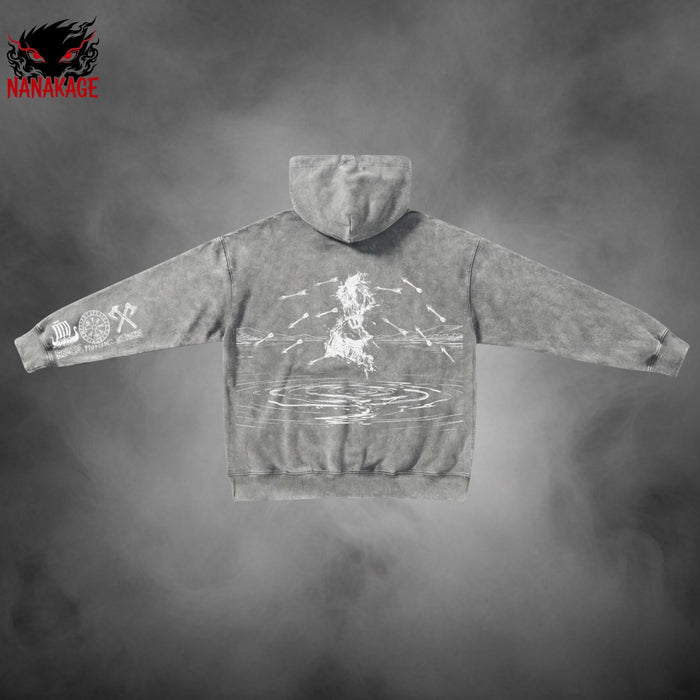 Black acid-wash oversized pullover hoodie with Thorfinn anime graphic print.