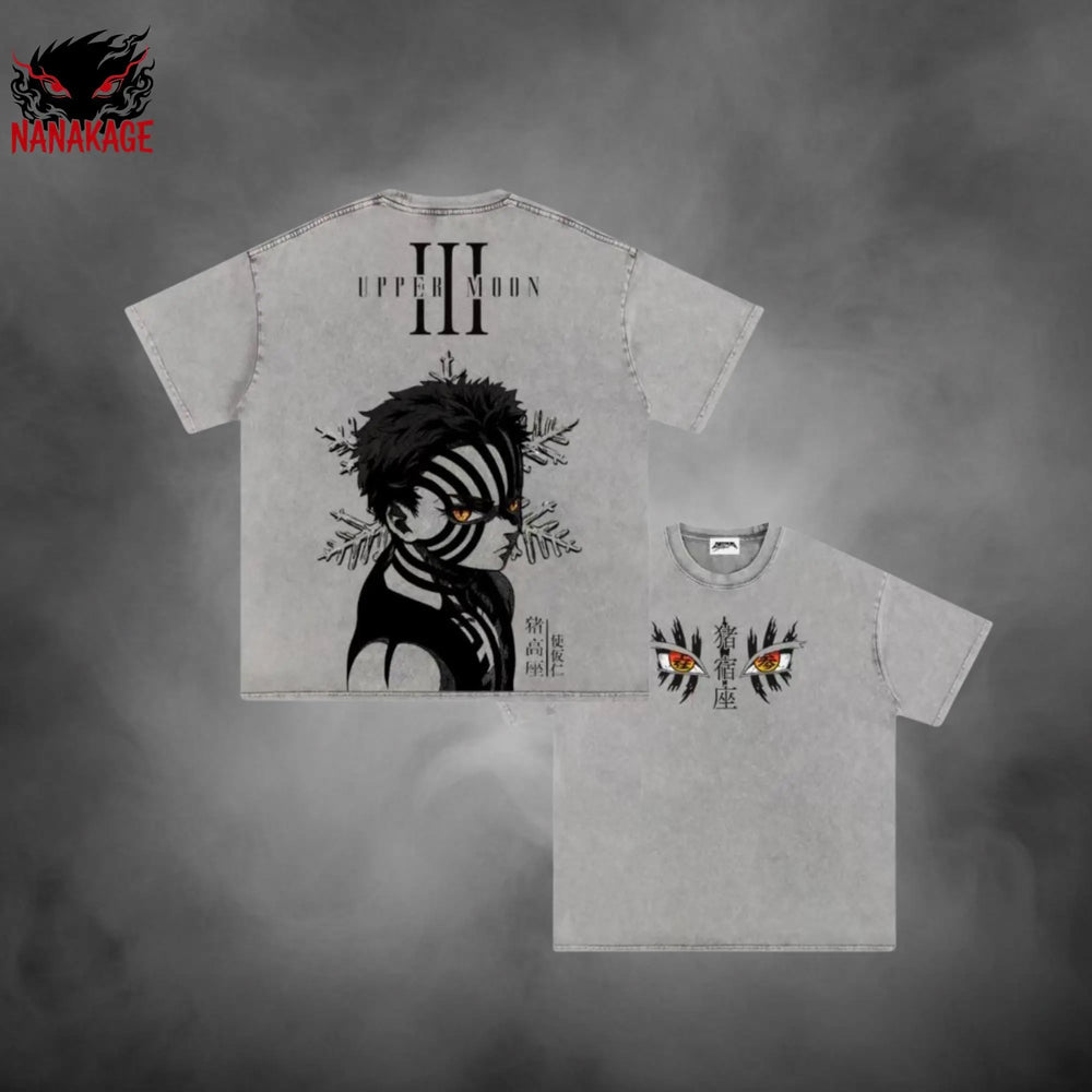 Black acid-wash oversized t-shirt with Akaza anime graphic print.