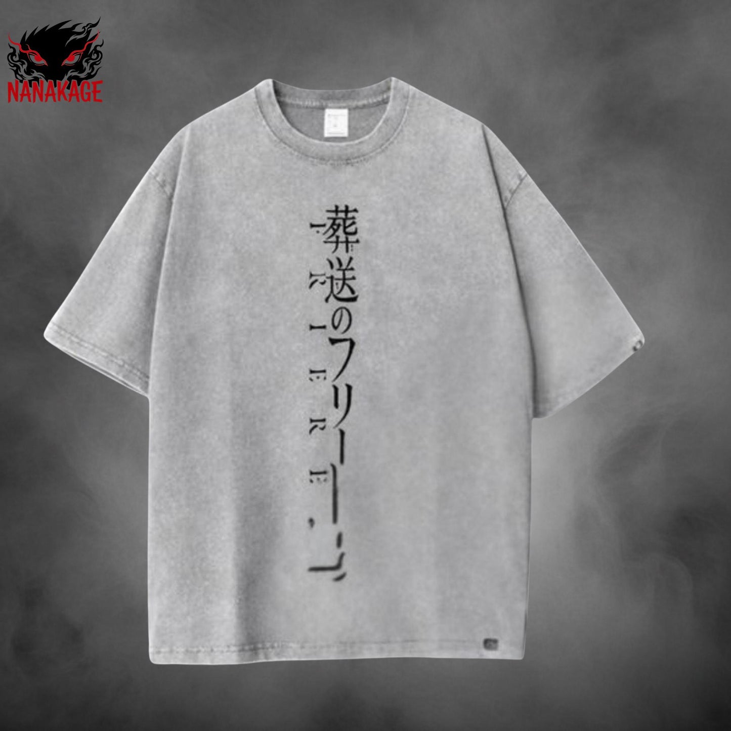 Black acid-wash oversized t-shirt with Frieren anime graphic print.