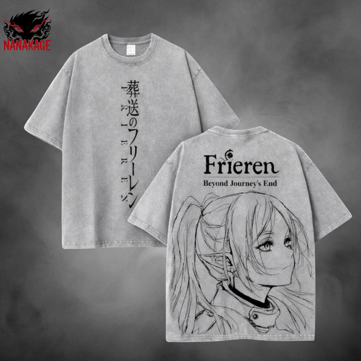 Black acid-wash oversized t-shirt with Frieren anime graphic print.