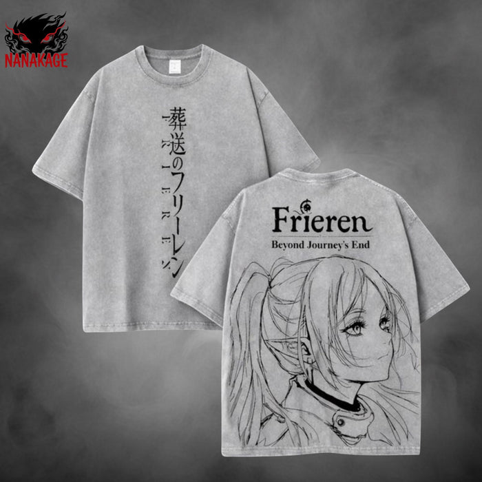Black acid-wash oversized t-shirt with Frieren anime graphic print.