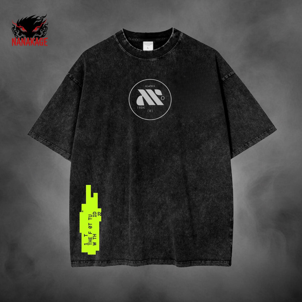Black acid-wash oversized t-shirt with Marathon video game graphic print.