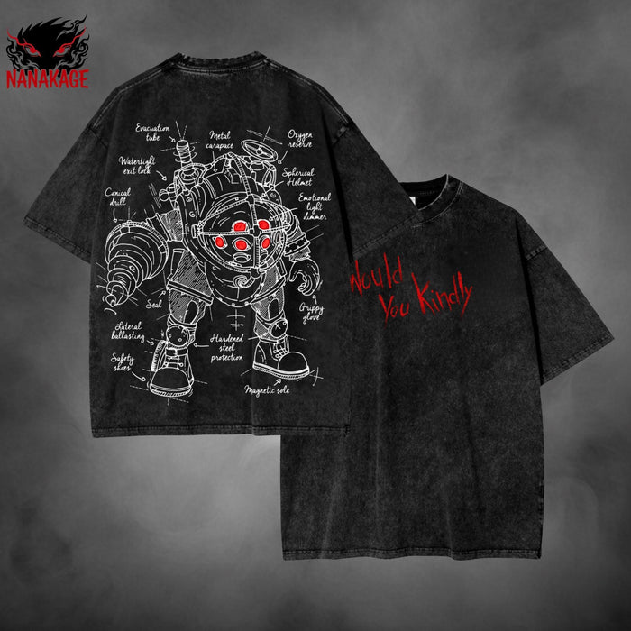 Black acid-wash oversized t-shirt with BioShock video game graphic print.