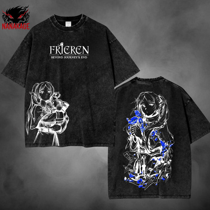 Gray acid-wash oversized t-shirt with Frieren anime graphic print.