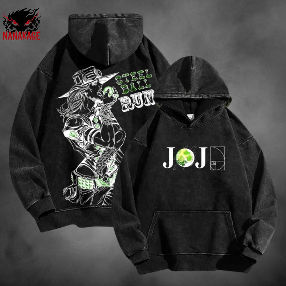 Gray acid-wash oversized pullover hoodie with Gyro Zeppeli anime graphic print.
