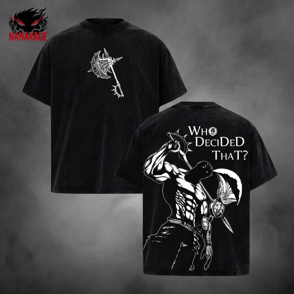 Acid-wash oversized t-shirt with Escanor anime graphic print.