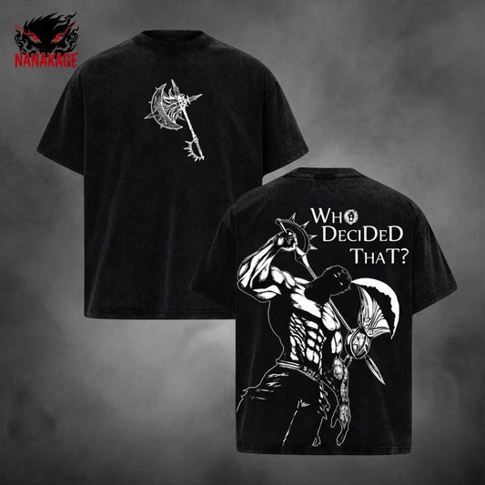 Acid-wash oversized t-shirt with Escanor anime graphic print.