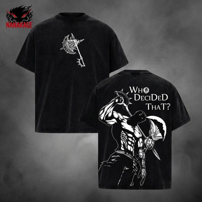 Acid-wash oversized t-shirt with Escanor anime graphic print.