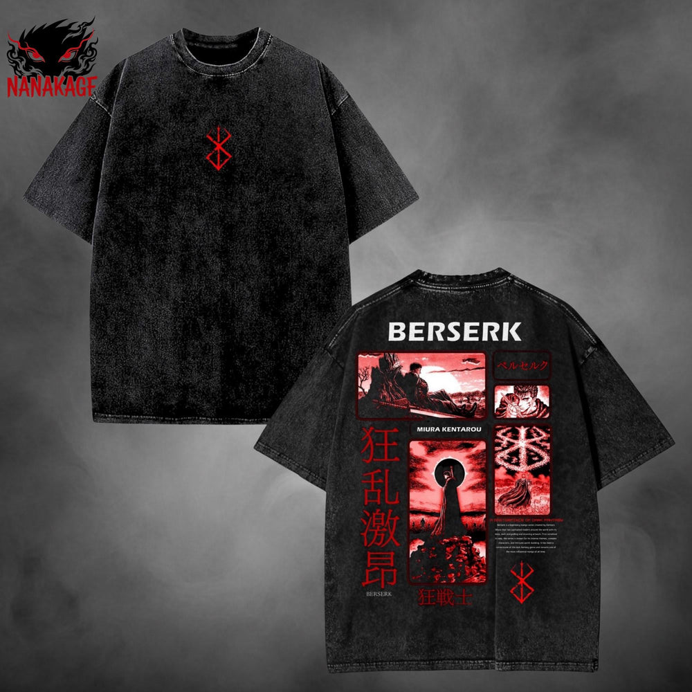 Acid-wash oversized pullover hoodie with Black Swordsman anime graphic print.