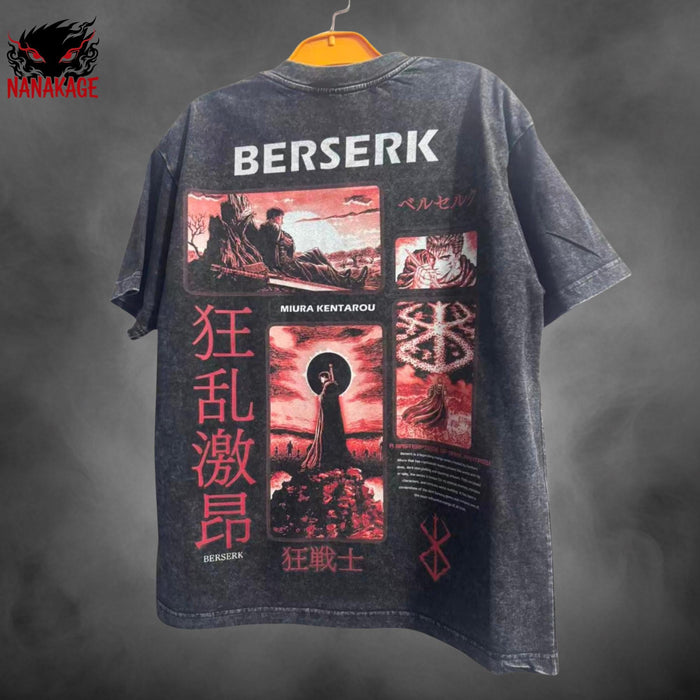 Black acid-wash oversized t-shirt with Black Swordsman dark fantasy manga graphic print.