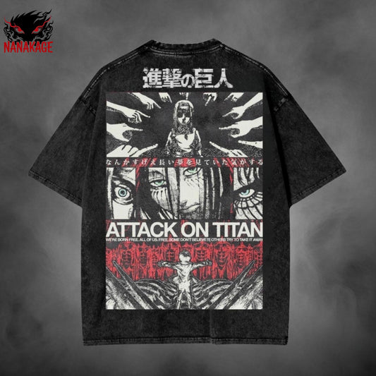 Black acid-wash oversized pullover hoodie with Eren Yeager anime graphic print.