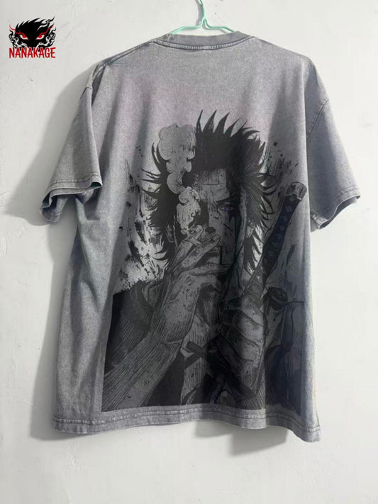 Gray acid-wash oversized t-shirt with Yami anime graphic print.