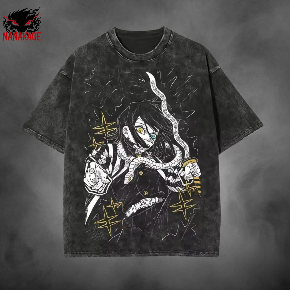 Black acid-wash oversized t-shirt with Demon Slayer anime graphic print.