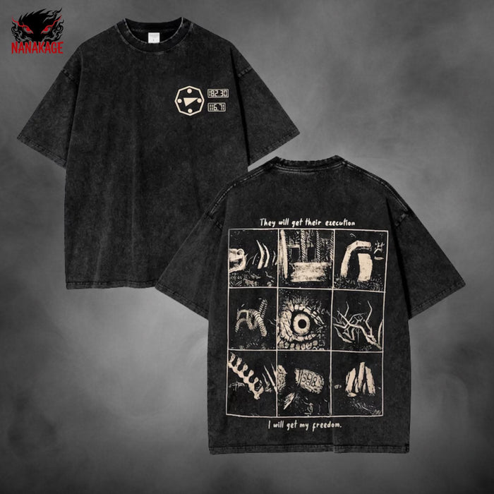 Black acid-wash oversized t-shirt with Iron Lung horror game graphic print.