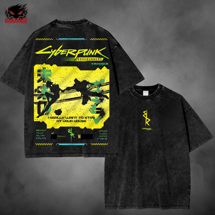 Gray acid-wash oversized pullover hoodie with Edgerunners cyberpunk anime graphic print.