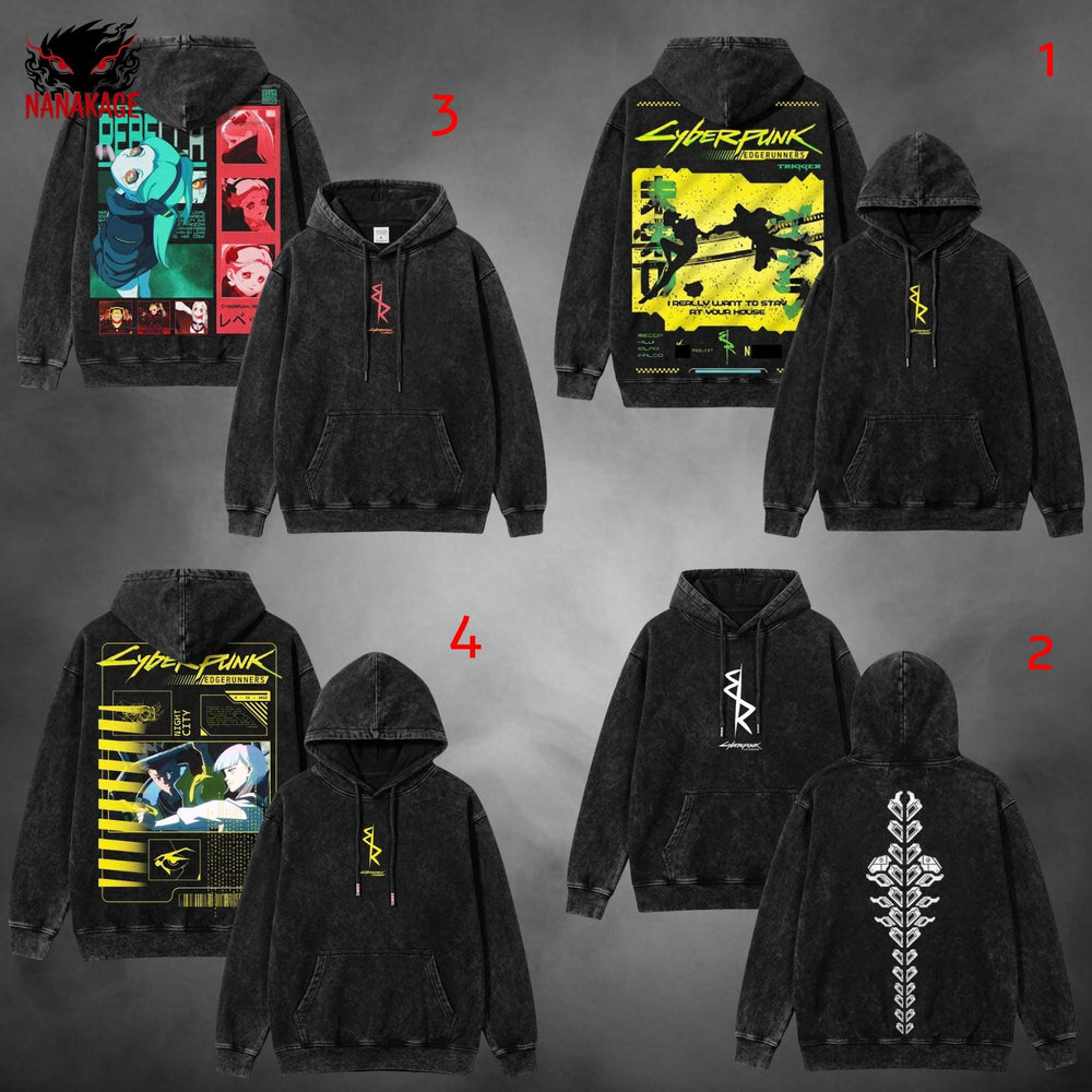 Gray acid-wash oversized pullover hoodie with Edgerunners cyberpunk anime graphic print.