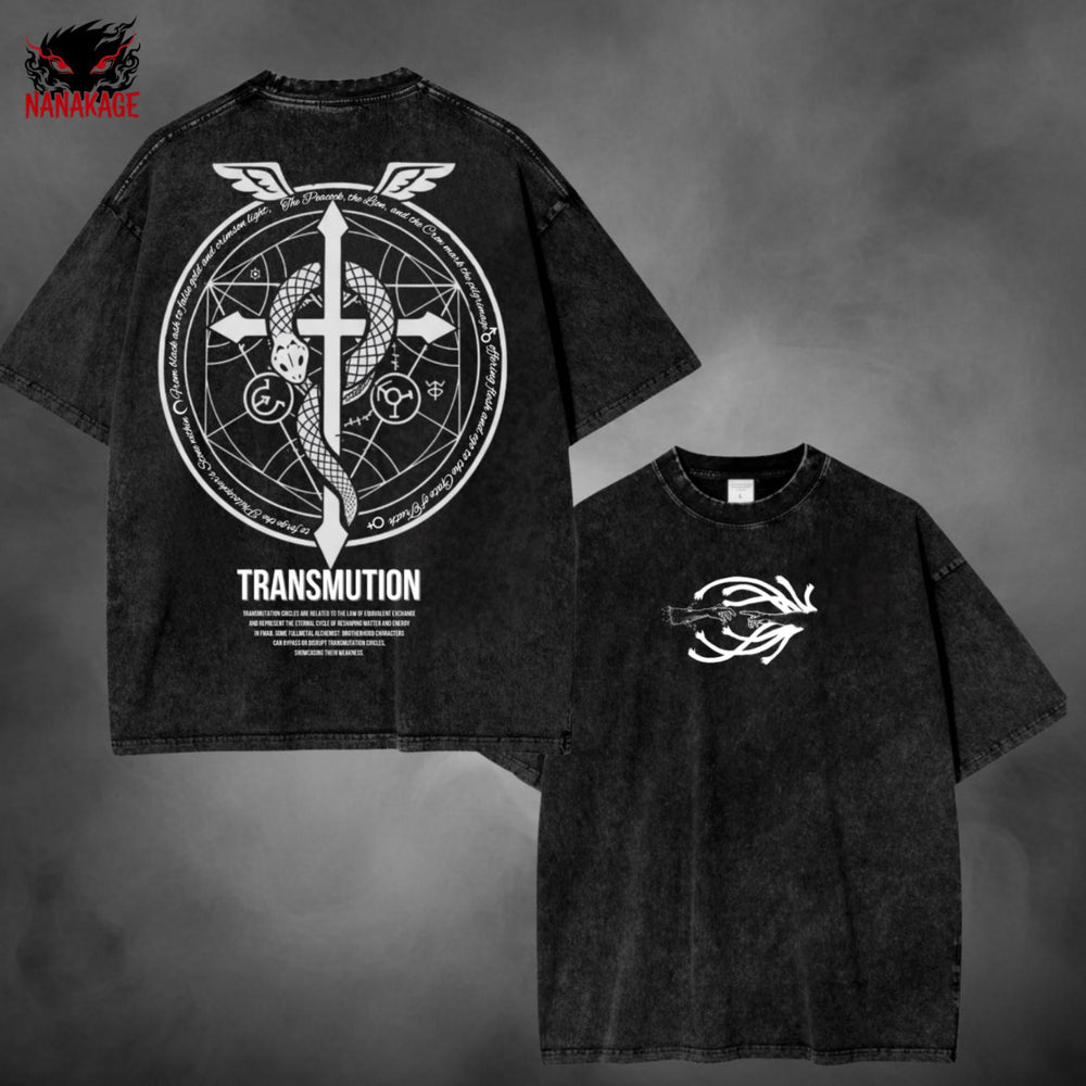 Black acid-wash oversized t-shirt with Fullmetal Alchemist anime graphic print.