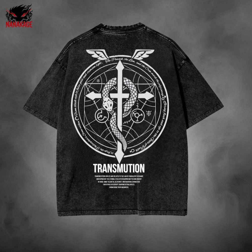Gray acid-wash oversized t-shirt with Fullmetal Alchemist anime graphic print.