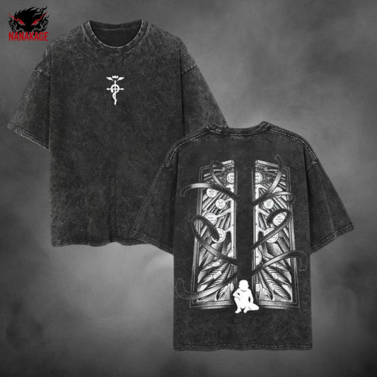 Acid-wash oversized t-shirt with Edward Elric anime graphic print.