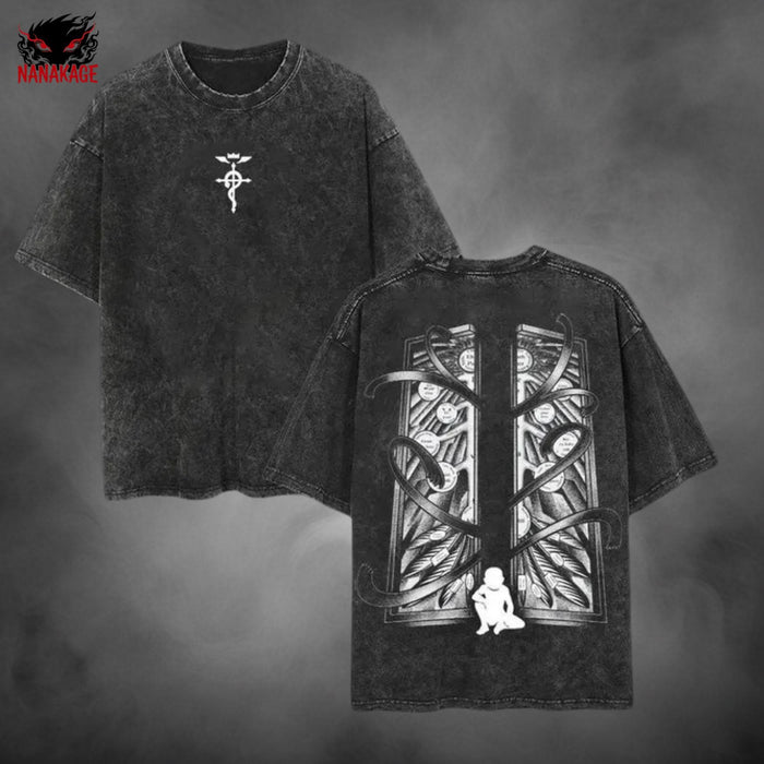 Acid-wash oversized t-shirt with Edward Elric anime graphic print.